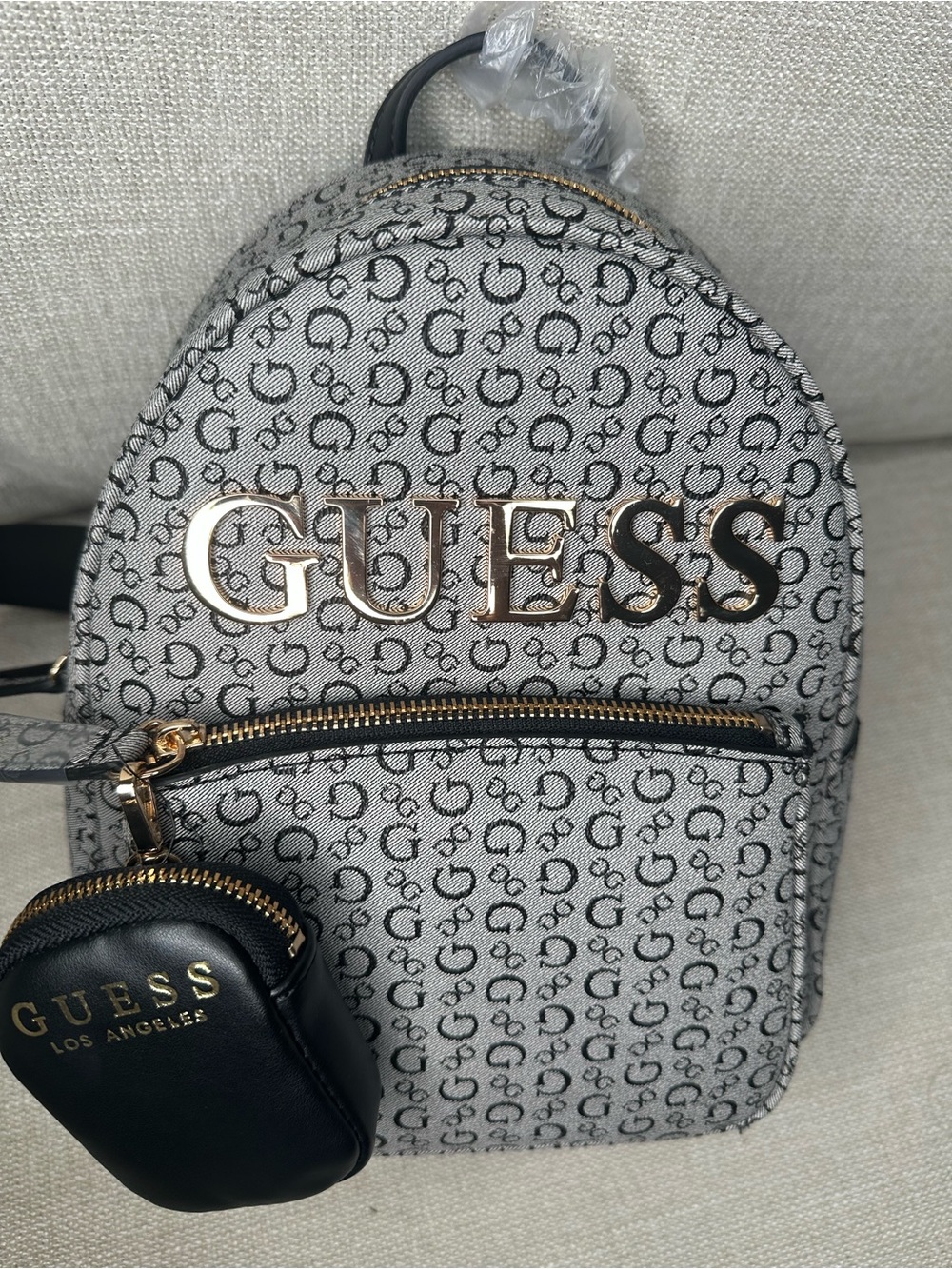 GUESS NWOT Gray Monogram Logo Mini Backpack with Black Coin Pouch